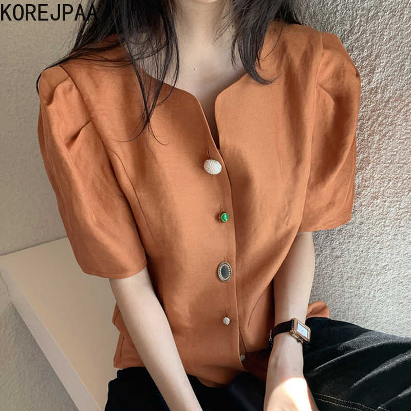 Korejpaa Women Shirt Summer Korean Chic Ladies Elegant Temperamen V-Neck Single-Breasted Solid Color Puff Sleeve Blouses 210526