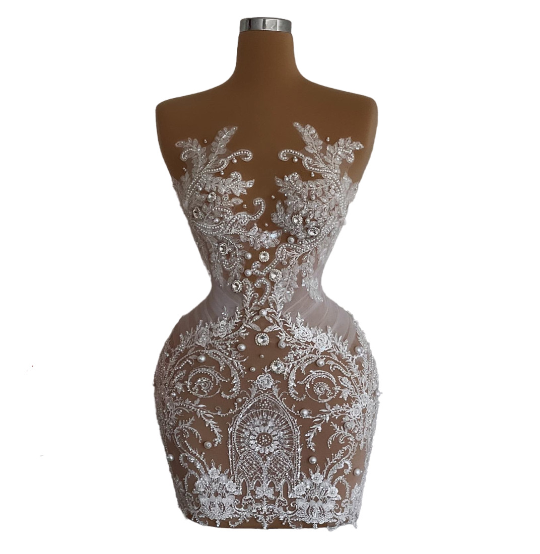 2024 White Cocktail Dresses Prom Evening Sheath Lace Pearls Sheer Neck Mini Short Party Graduation Homecoming Birthday Holiday Club Gowns Dress ZJ3261