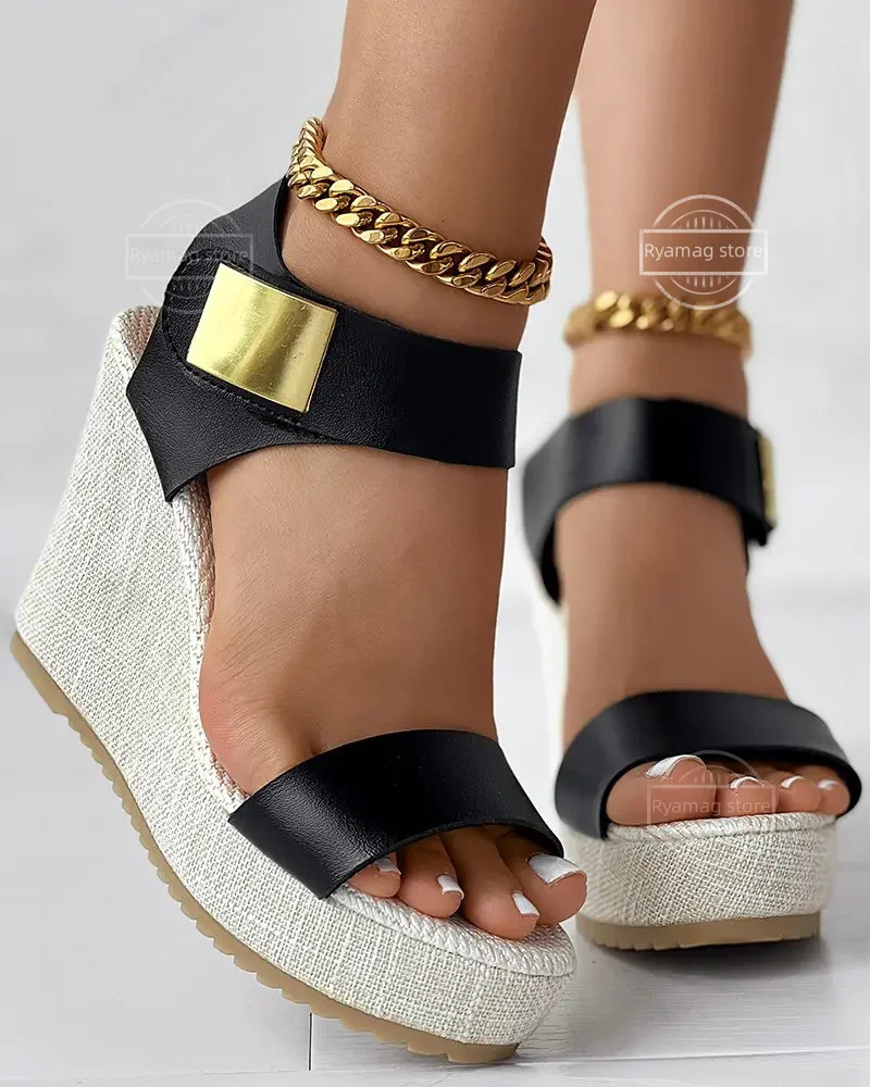 Womens colored lock peeping toe platform wedge shaped summer latex wedge shaped suspender Roman sandals ankle strap high heels 240612