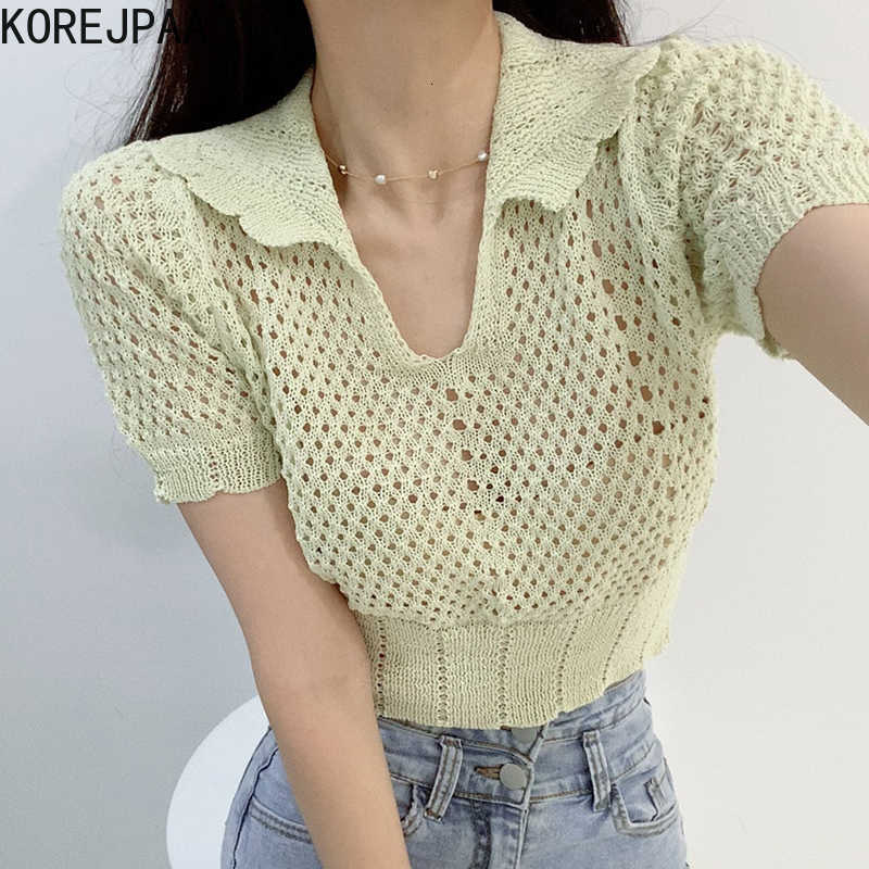 Korejpaa Women T-Shirt Summer Korean Chic Temperament Age-Reducing Lapel Mesh Hollow Perspective Sunscreen Knitted Pullover 210526