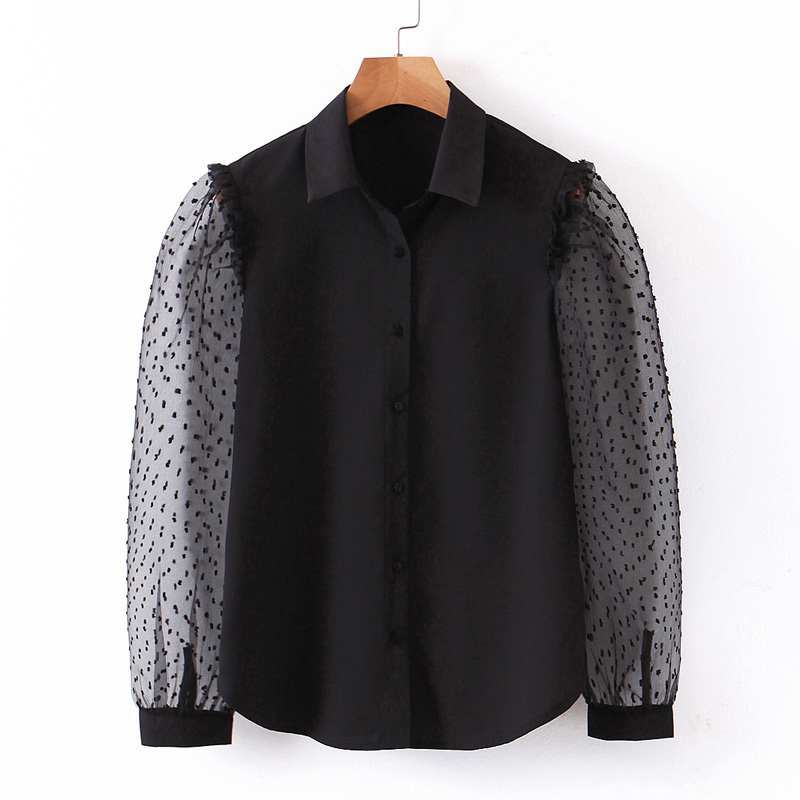 Vintage Loose Spliced Blouses Women Fashion Turn Down Collar Shirts Elegant Ladies Buttons Dot Mesh Sleeve Tops 210520