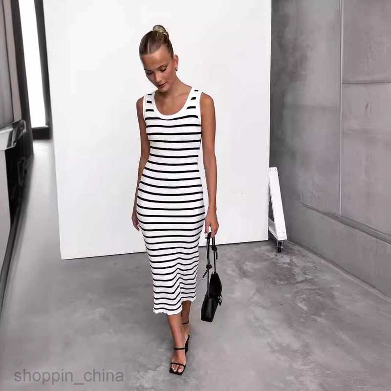 Basic Casual Women Dresses Sleeveless Tank Top Summer New Round Neck Stripe Long Knitted Sexy Slim Wrapped Hip Dress
