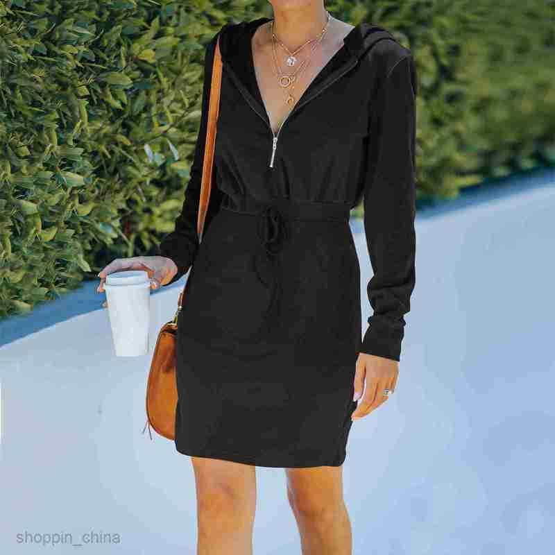 Basic Casual Women Dresses Women's autumn winter new long sleeve Hooded Dress short skirt