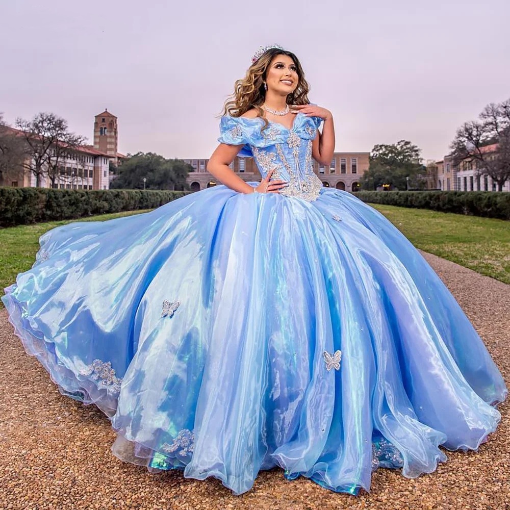 Light Blue Quinceanera Dress, Off-Shoulder Organza Ball Gown With Lace Corset And Appliques, 2024 Vestidos De 15 Anos