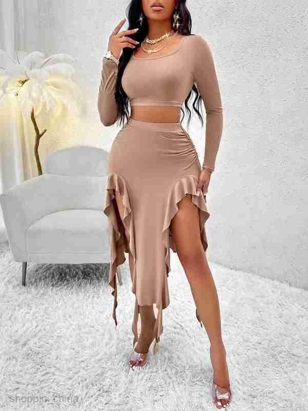 Two Piece Dress Sets Autumn women's solid color round neck long sleeved top ruffled edge skirt set