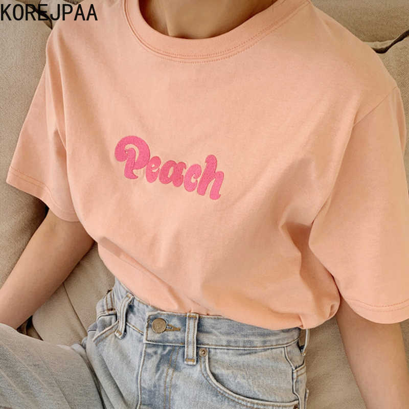 Korejpaa Women T-Shirt Summer Korean Chic Sweet Little Peach Embroidered Letters Round Neck Loose Short-Sleeved Pullover 210526