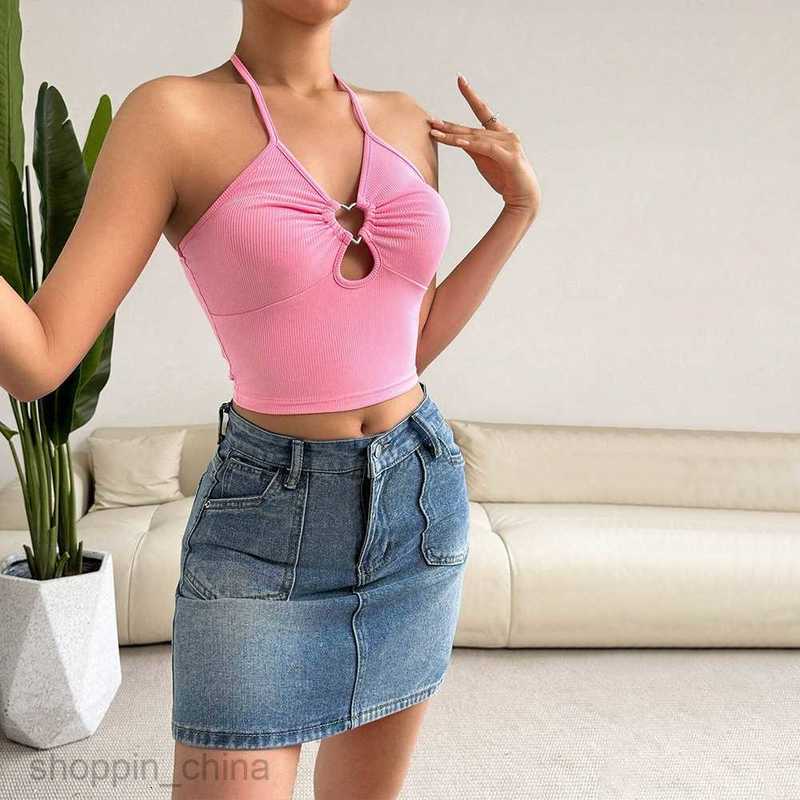 Women's T Shirt INS2024 Sexy Spicy Girl Design Chest Love Iron Ring Folding Slim Hanging Neck Top tees tops
