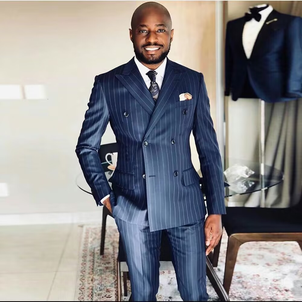 Men's Suits Blazers Chic Pinstripe Navy Blue Men Suits 2 Piece Set High Quality Formal Double Breasted Lapel Suit Slim Fit Smart Casual Tuxedo 23