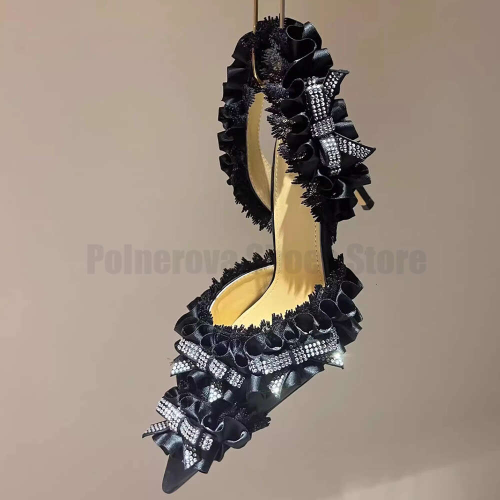 Rhie Bow Pink Satin High Heel Sandals For Women New Pointed Toe Single Sexy Lace Decorative Pumps Ladies Shoes