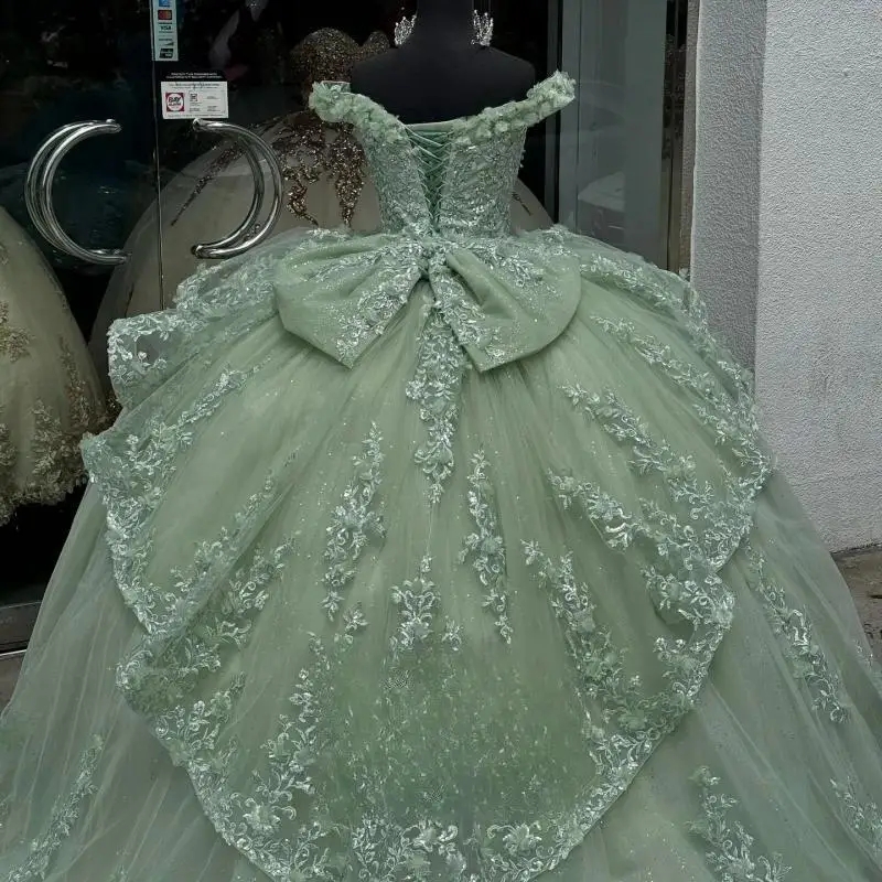 Mint Green Ball Gowns Quinceanera Dresses Off the Shoulder Appliques Layered with Bowknot Lace up Draped 15 Anos Vestido