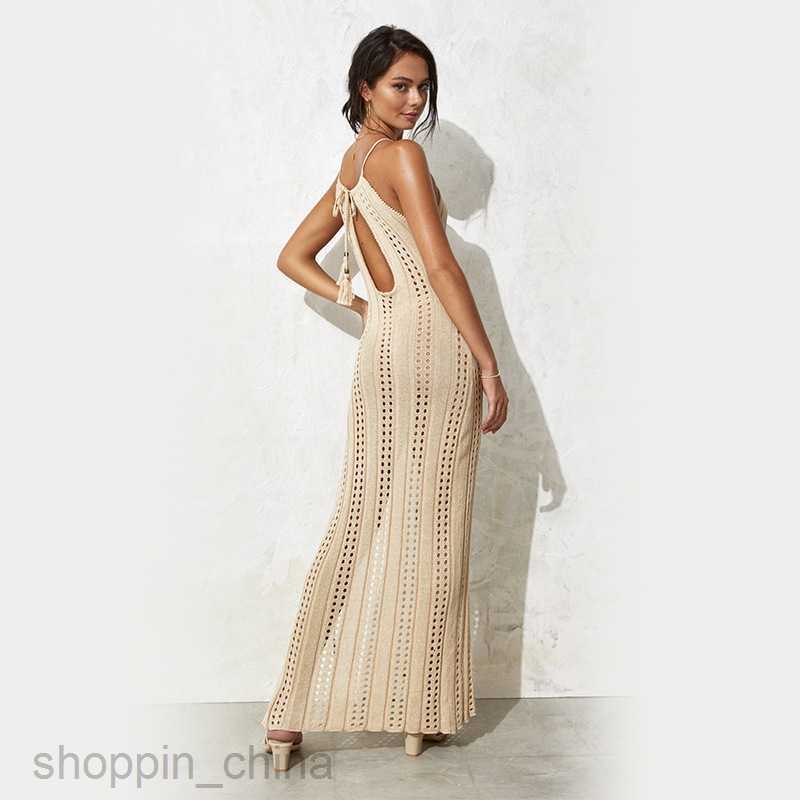 Basic Casual Women Dresses New camisole beach skirt solid color sleeveless knitted hollow out swimsuit vacation sexy slit dress