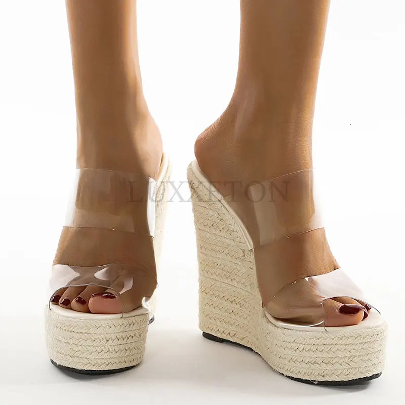 Summer PVC transparent diaper shoelace woven platform wedge slippers sandals womens fashionable high heels womens shoes 240612