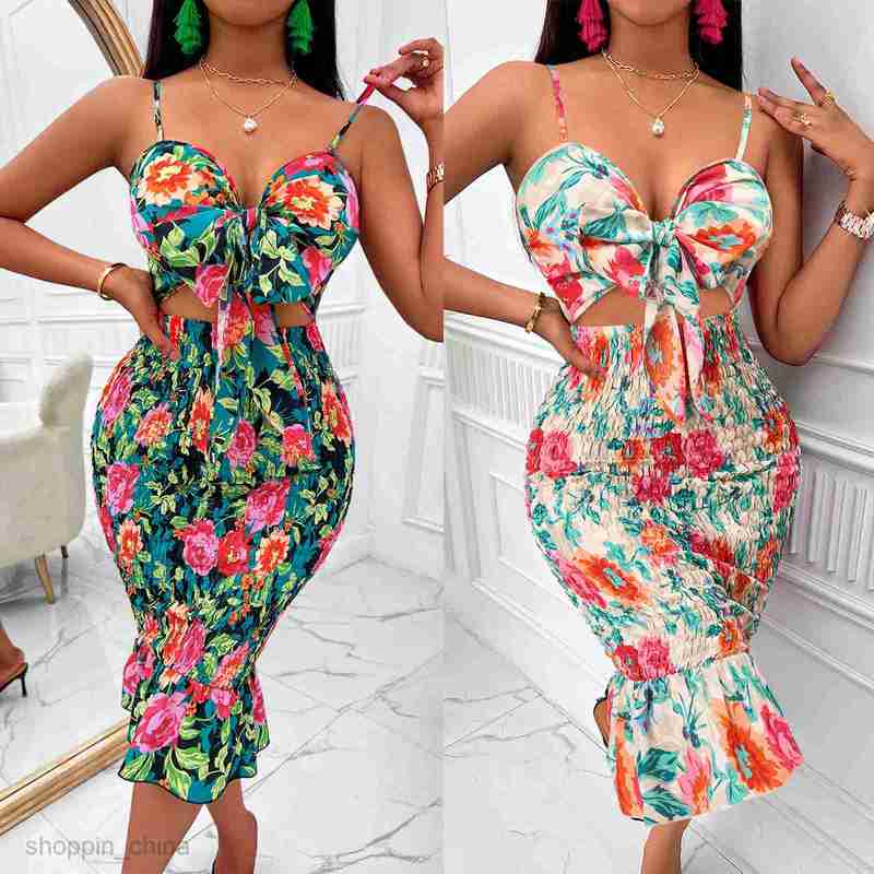 Two Piece Dress Sets Leisure Summer Fashion Women's New Printed Wrapped Hip Brace Hollow Hanging Strap Dress