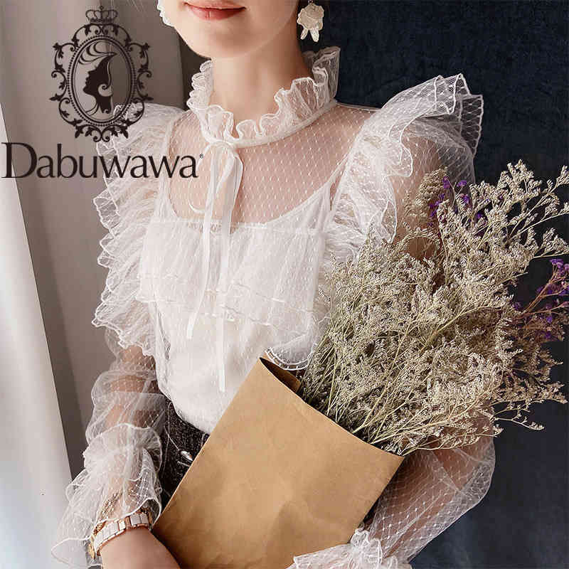 Dabuwawa Autumn Sexy Mesh Blouse Women Ruffle Long Sleeve Bow Neck Sweet Solid Shirts Tops Female Slim Fit DT1CST026 210520