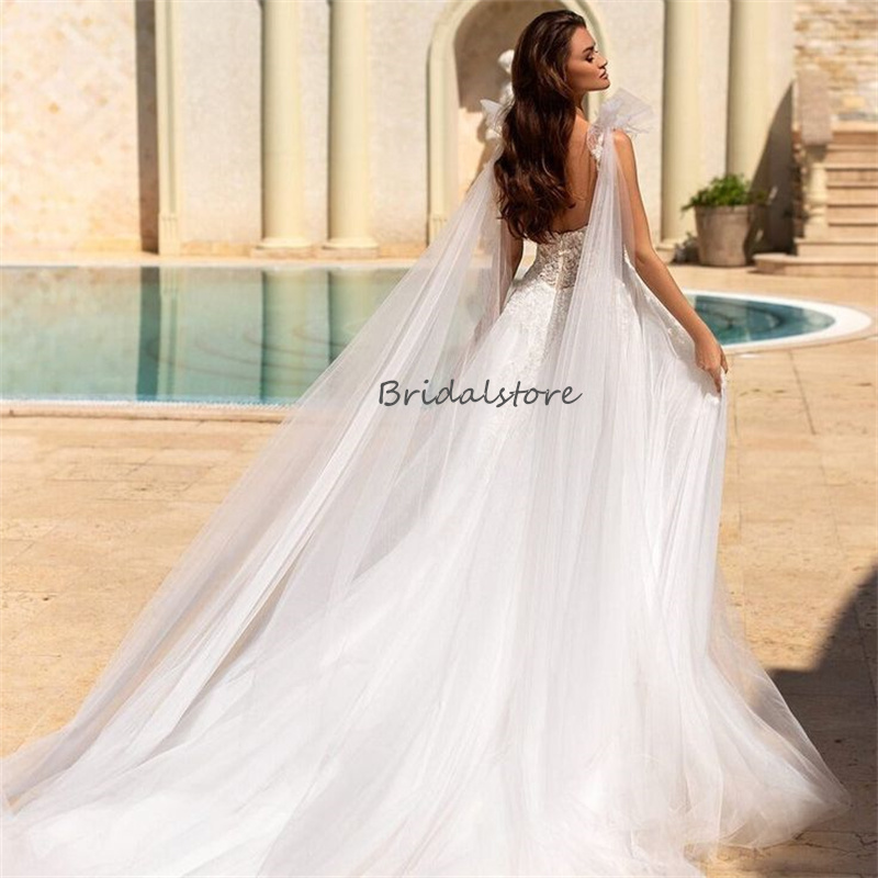 Fairy Boho Wedding Dresses With Straps Train Sexy A Line Tulle Lace Bohemian Bride Dress Chic Backless Garden Floor Length Civil Bridal Dress Elegant 
