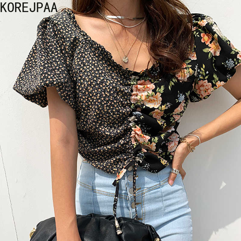 Korejpaa Women Shirt Summer Korean Retro Wood Ear Off-Shoulder Pleated Drawstring Stitching Floral Lantern Sleeve Blouses 210526