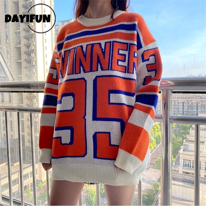 DAYIFUN Women Orange Sweaters Japanese Loose Outer Wear Hedging Thick Midlength Knit Pullovers Lady Letter Oversized Jumpers 220817