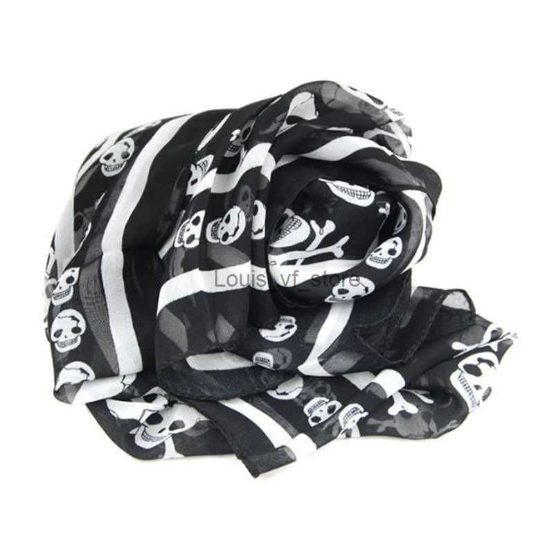 Scarves Black chiffon silk feels like a skull print fashionable long scarf shawl scaffolding bag for women+keyring H240613