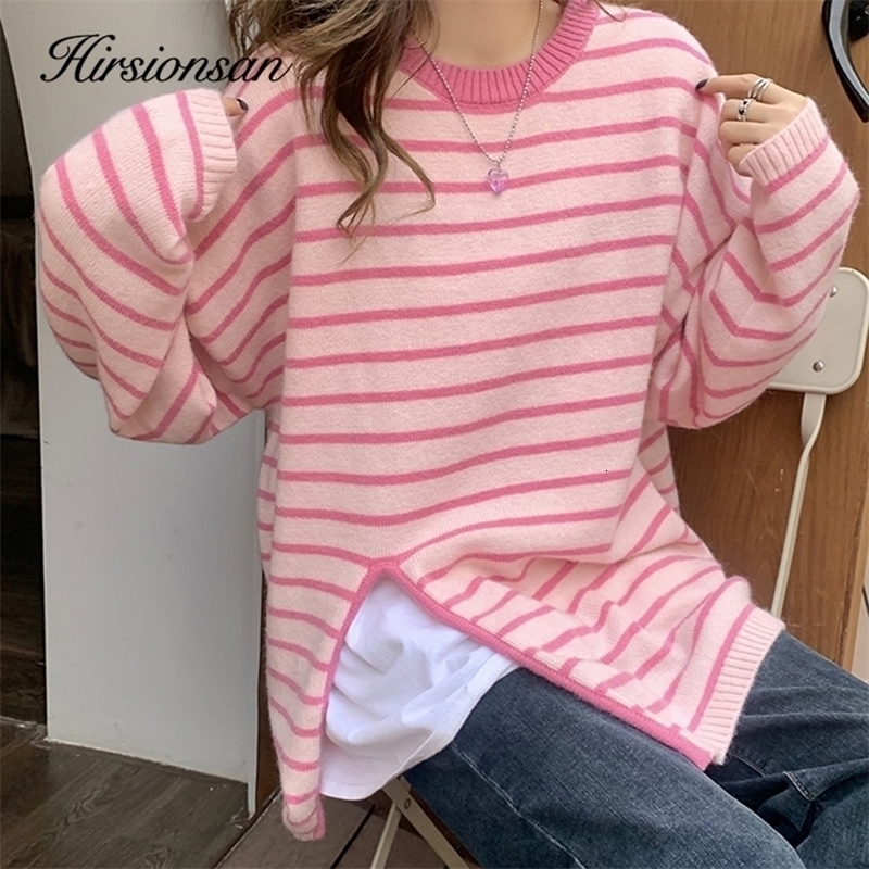 Womens Sweaters Hirsionsan Autumn Stripe Oneck Knit Women Loose Simple Split Female Korean Fashion Soft Warm Pllover Tops 220906