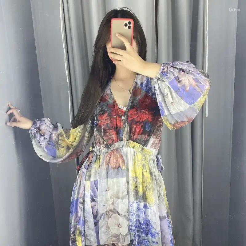 Casual Dresses Printed V Neck Loose Long Sleeved Dress Temperament Fashionable For A Holiday