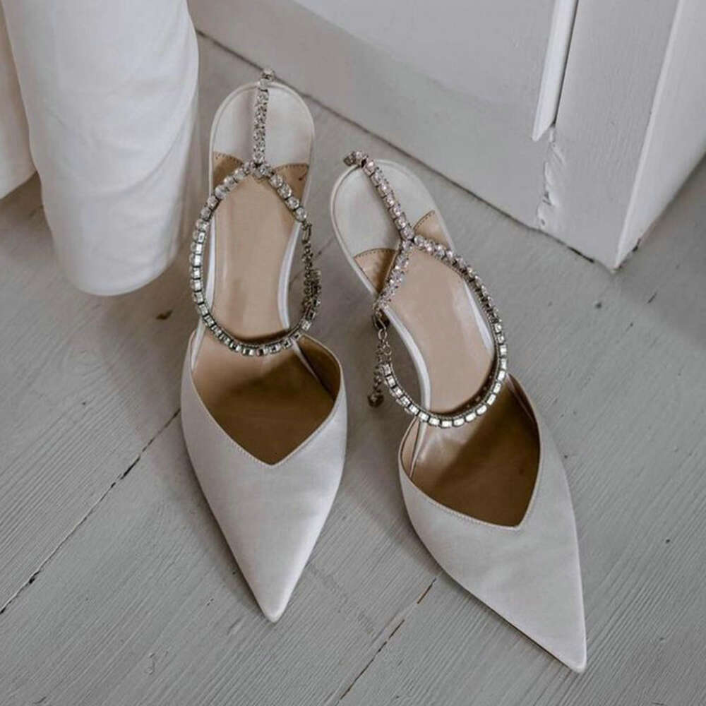 2023 European New Pointed Toe Stiletto Rhinestone High Heels Baotou Satin Super Sandals French Red Women's Pumps