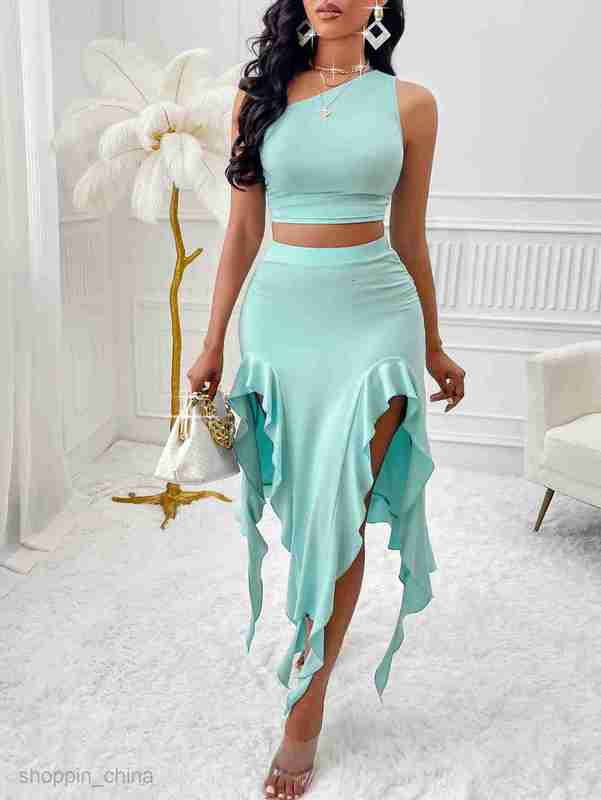 Two Piece Dress Sets Summer fashion is not trendy, women's clothing 24 years old solid color single shoulder wooden ear hem set skirt