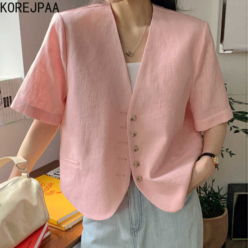 Korejpaa Women Shirt Summer Korean Chic Retro Temperament V-Neck Single-Breasted Loose Versatile Short-Sleeved Blouses 210526
