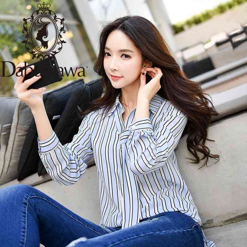 Dabuwawa Blue Bow Striped Blouses Women Turn-down Collar Long Sleeve Elegant Workwear Shirts Tops Office Lady DT1CST016 210520