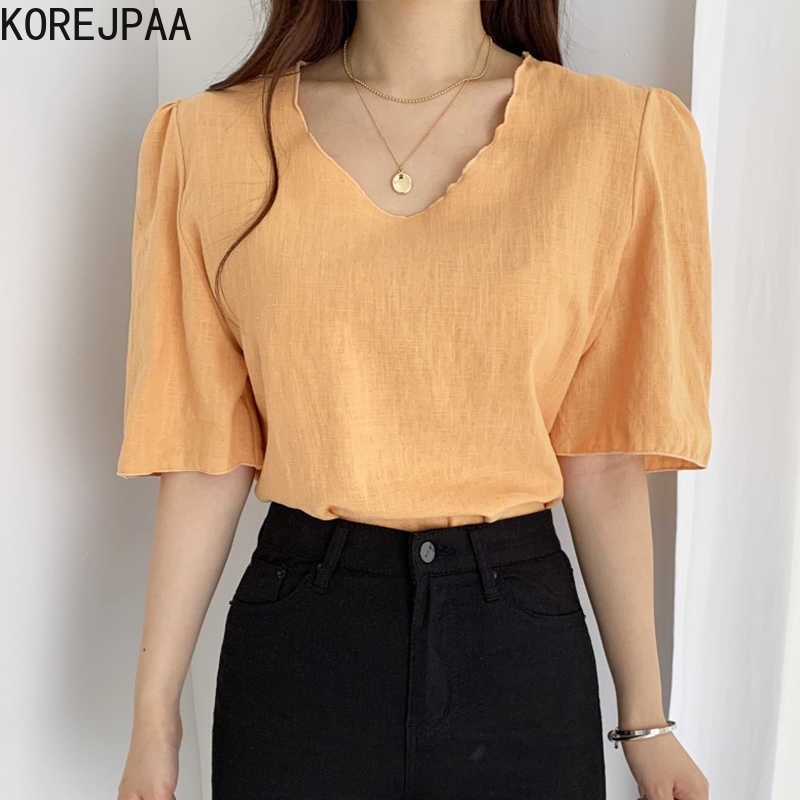 Korejpaa Women T-Shirt Summer Korean Chic Simple Basic V-Neck Loose Casual Solid Color Short-Sleeved All-Match Pullover 210526