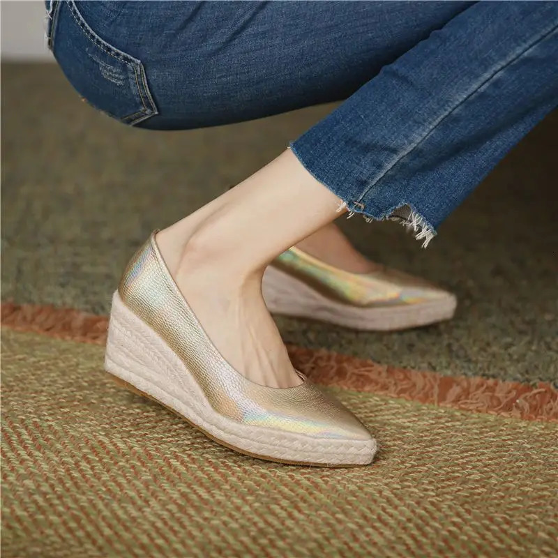 FHANCHU Autumn Leather Shoes Womens Platform Pump Straw Wedge High Heels Slippery Shallow Angled Toe Gold 35-40 Dropper 240612