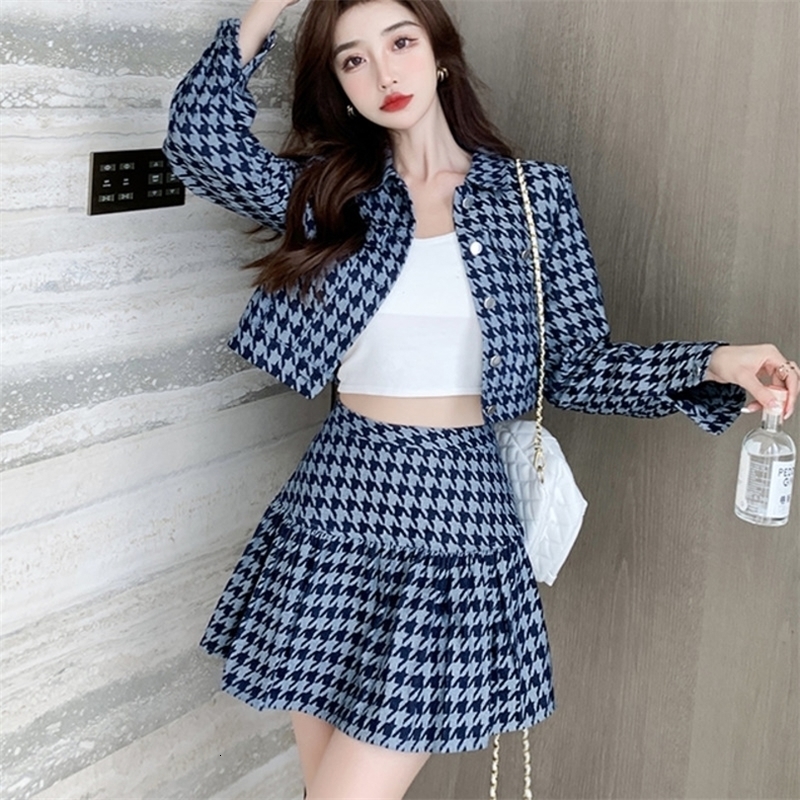 Two Piece Dress Small Fragrance Houndstooth Suit Women Crop Top Short Jacket Coat Mermaid Skirts Sets two piece outfit autumn French Style 220906