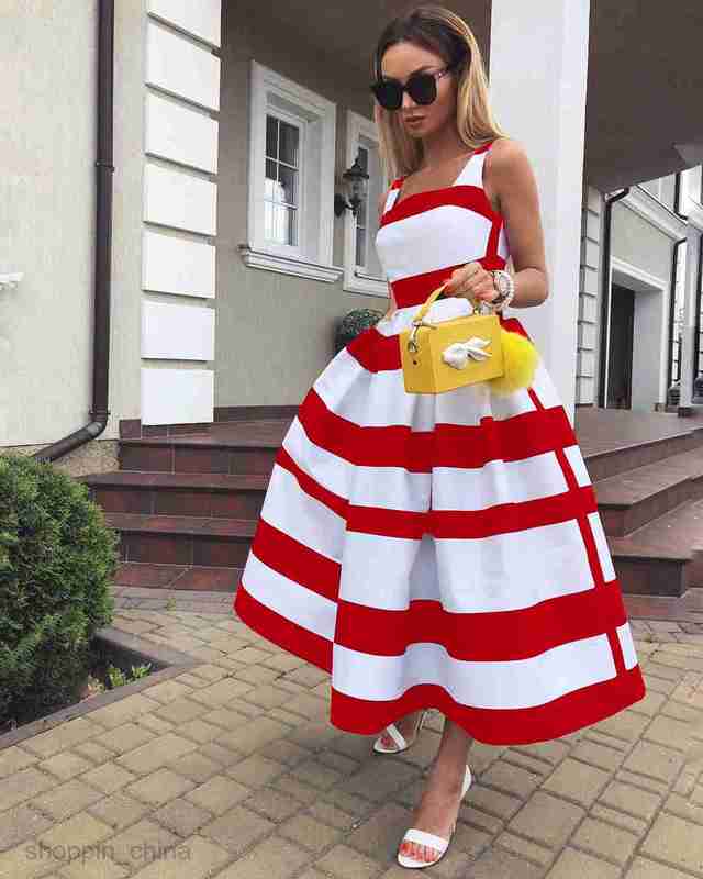 Casual Dresses Women Elegant Shoulder Long Party Dress Summer Striped Print Sleeveless Fashion Chic A-Line Suspender Beach 7654D