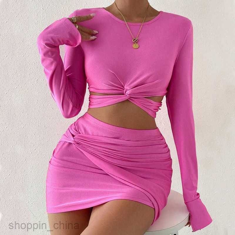 Two Piece Dress Sets Women's clothing autumn/winter new short long sleeved t-shirt elastic waist bag hip short skirt two-piece set