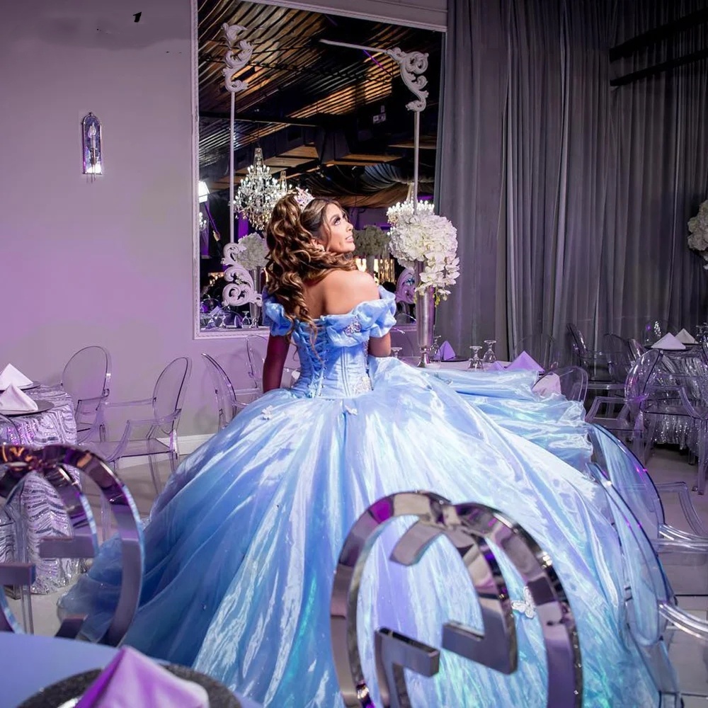 Light Blue Quinceanera Dress, Off-Shoulder Organza Ball Gown With Lace Corset And Appliques, 2024 Vestidos De 15 Anos