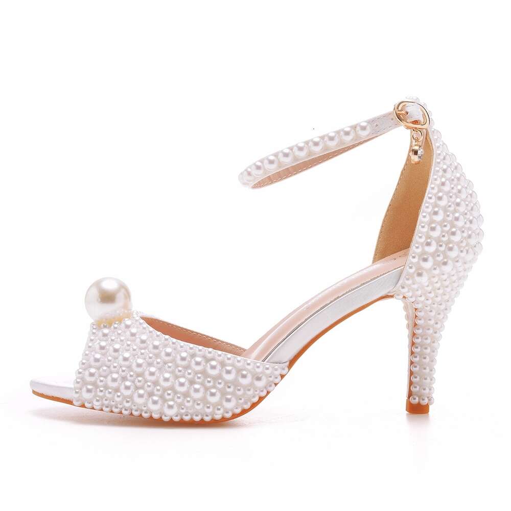 Crystal Queen White Pearl Sandals Women Open Toe High Heels Lady Wedding Shoes Banquet Dress Stiletto