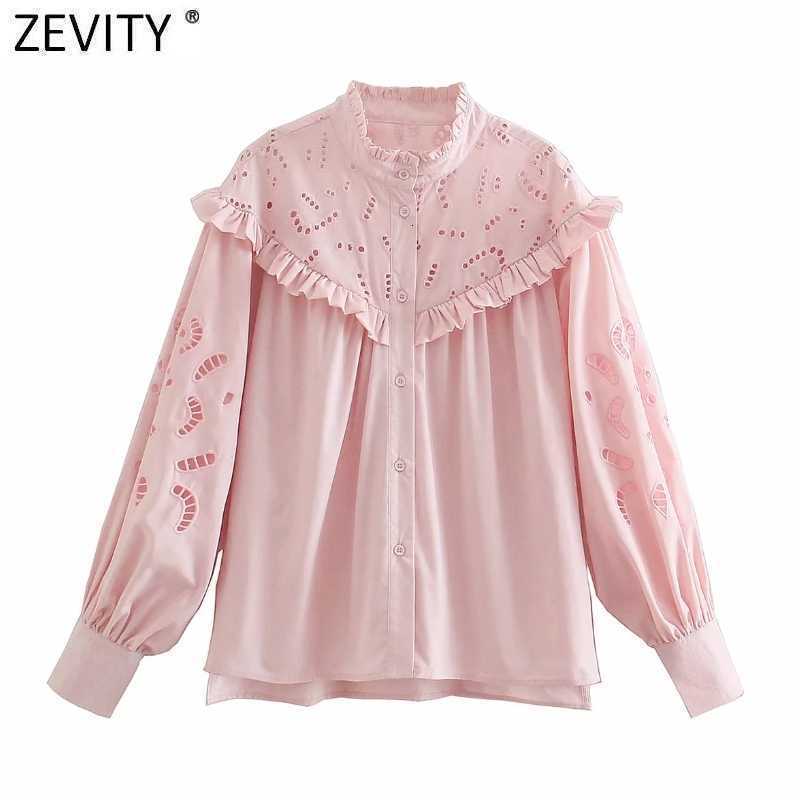 Zevity Women Sweet Agaric Lace Hollow Out Embroidery Casual Pink Blouse Femme Long Sleeve Ruffles Roupas Chic Blusas Tops LS9213 210603