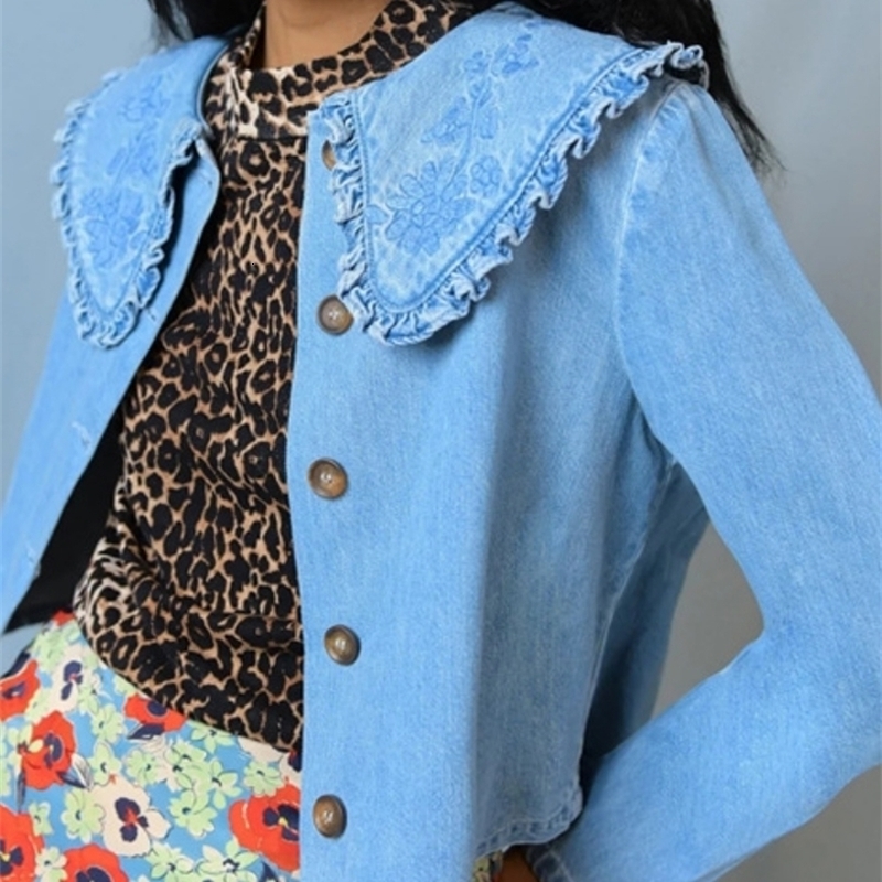 Womens Jackets Autumn and Winter Blue Embroidery Doll Collar Women Casual Longsleeved Jacket Short Denim Jacket 220901