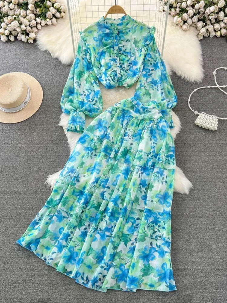 Floral Two Piece Set Women Lantern Long Sleeved Single Breasted Shirthigh Waisted A-line Long Skirt Printed Chiffon Outfits 240601