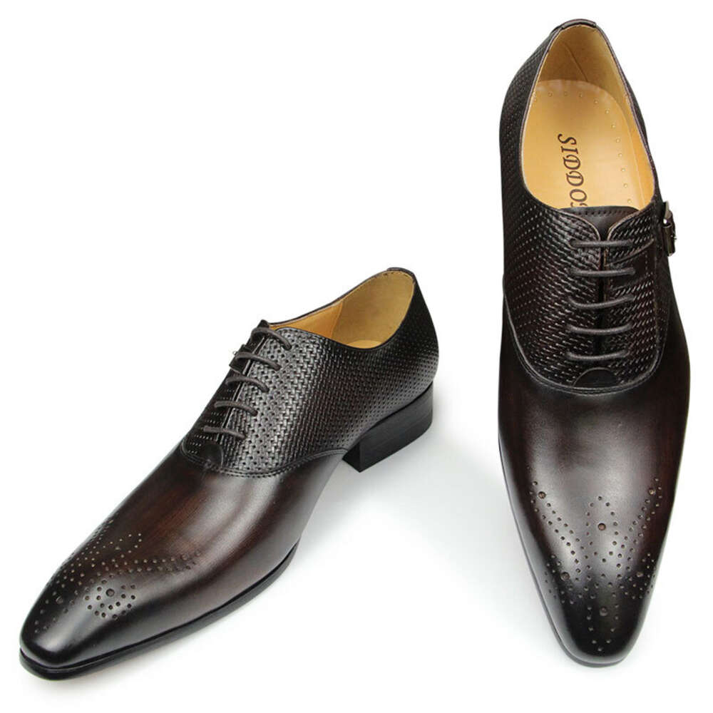 Mens Business Genuine Leather Fashion Wedding Oxfords Lace-Up Pointed Toe Black Green Coffee Brogues Dress Shoes