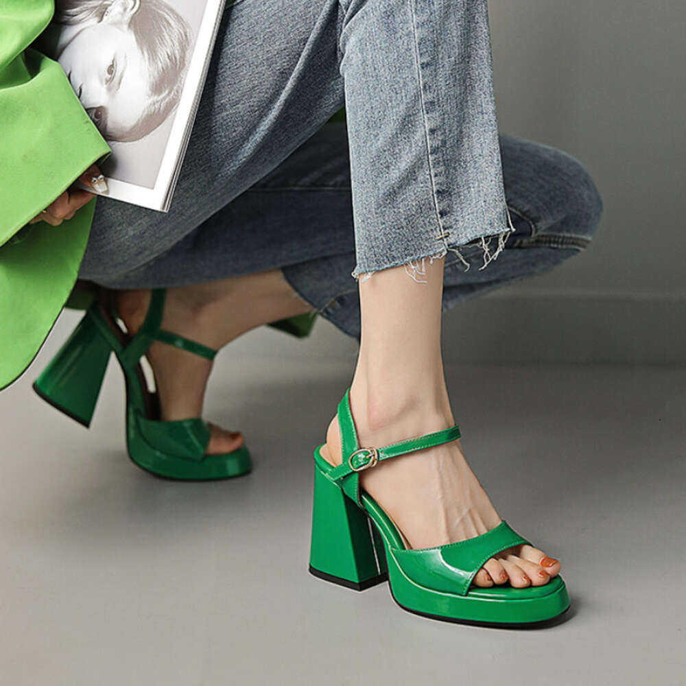 2023 Summer Woman Heeled Soft Leather Platform Shoes Thick Sole Sandals Square High Heels Plus Size 43