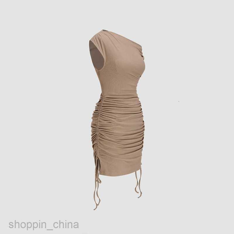 Basic Casual Women Dresses Ins2024 Fashion Knitted Sleeveless Design Feeling Oblique Shoulder Fold Waist Covering Meat and Hip Covering Short Skirt
