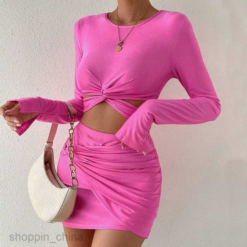 Two Piece Dress Sets Women's clothing autumn/winter new short long sleeved t-shirt elastic waist bag hip short skirt two-piece set