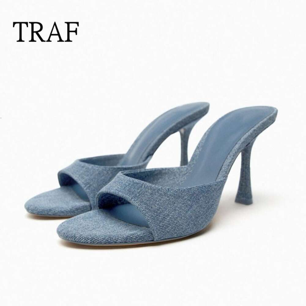 TRAF Denim Slippers 2023 Fashion High Heels Women Shoes Sexy Open Toe Pumps Modern Office Casual Sandals