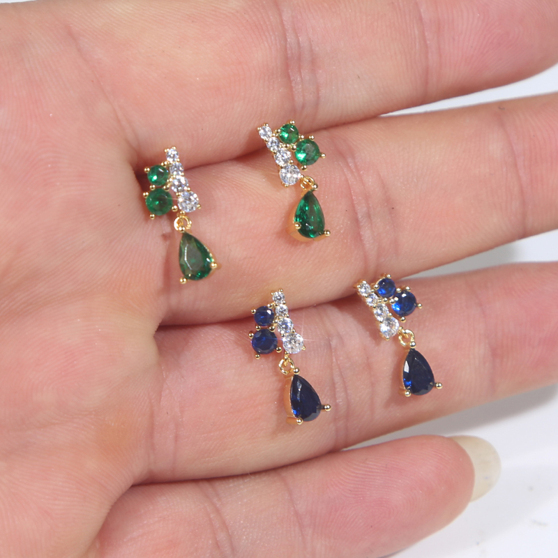 2024 Blue Green Pear CZ Sterg Sier Drop Earrings | Wedding Jewelry