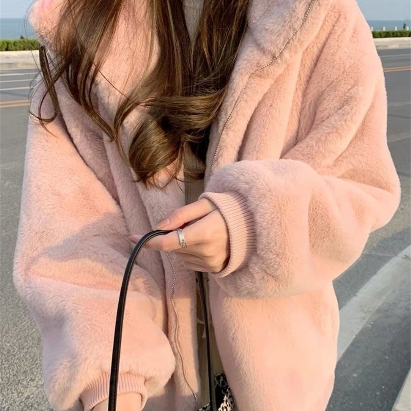 Womens Fur Faux Winter Jacket Thick Warm Artificial Rabbit Short Coats Loose Casual Zipper Pink Coat for Women 220927