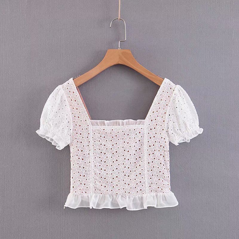 Sweet Girls Puff Sleeve Smock Fashion Female Ruffles Embroidery Hollow Out Square Collar Short Tops Casual Ladies Blusas 210520