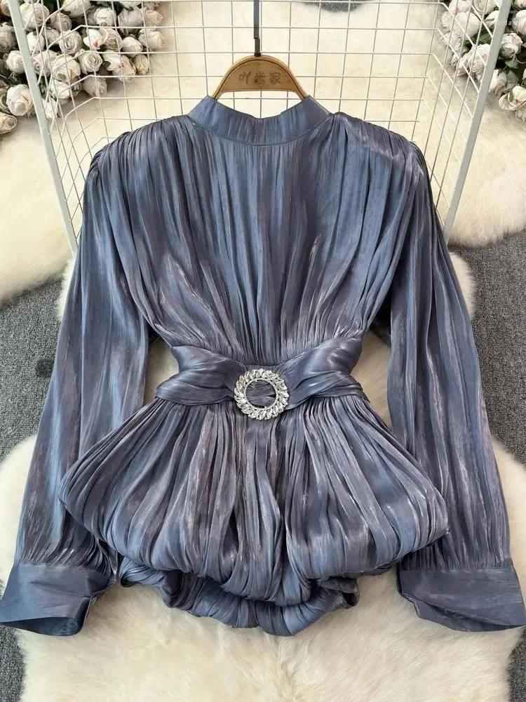 Women's Organza Blouses, French Chic Solid Color, Lace-Up Dias Belt Shirt
