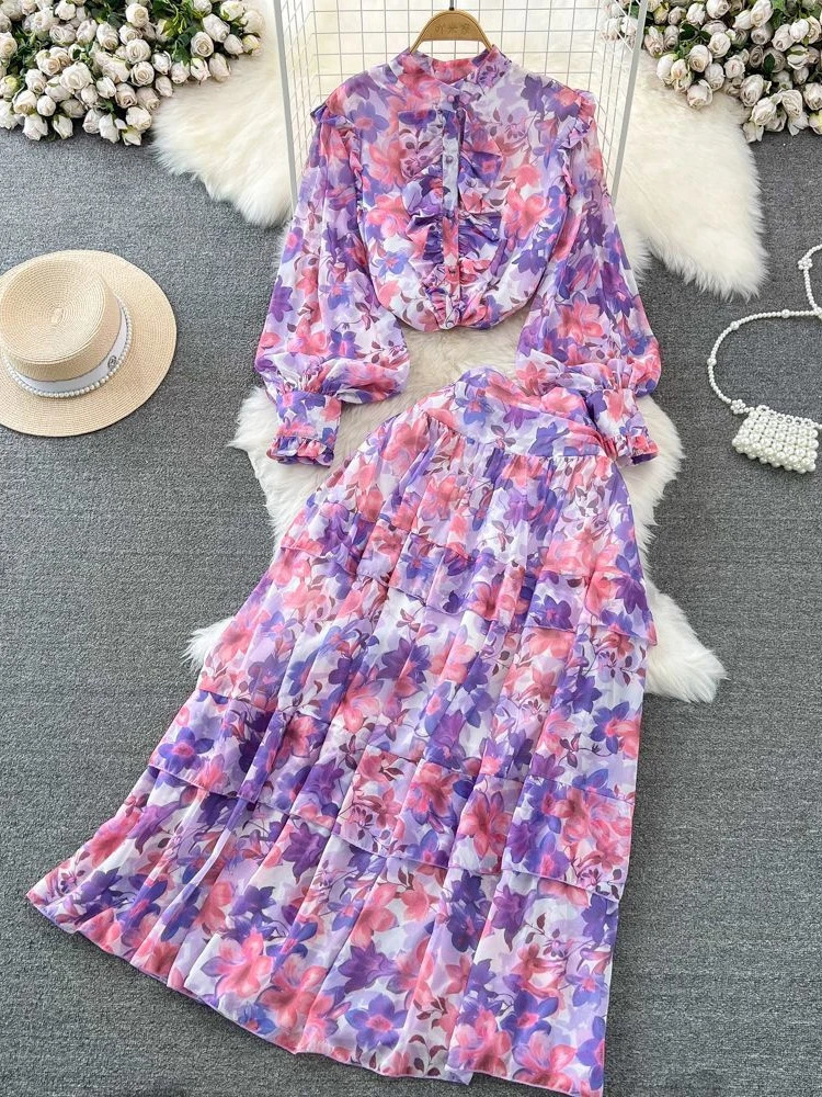 Floral Two Piece Set Women Lantern Long Sleeved Single Breasted Shirthigh Waisted A-line Long Skirt Printed Chiffon Outfits 240601
