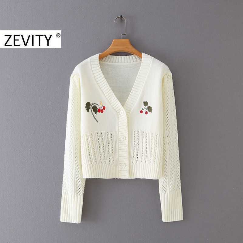 Zevity women elegant v neck flower Embroidery Cardigan Sweater chic female hollow out patchwork short Knitted crop tops S346 210603