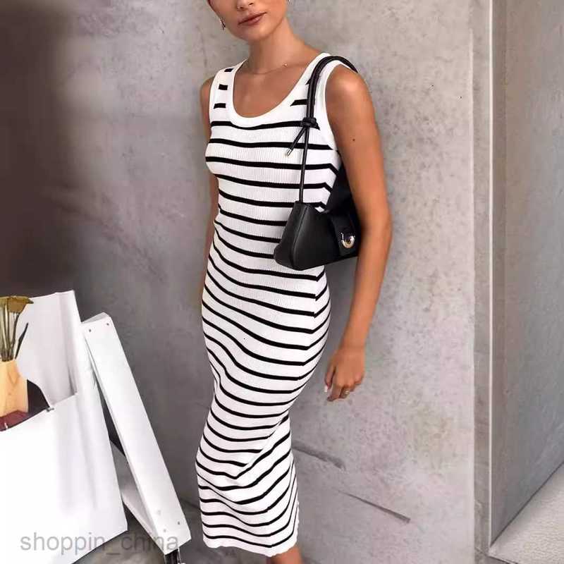 Basic Casual Women Dresses Sleeveless Tank Top Summer New Round Neck Stripe Long Knitted Sexy Slim Wrapped Hip Dress